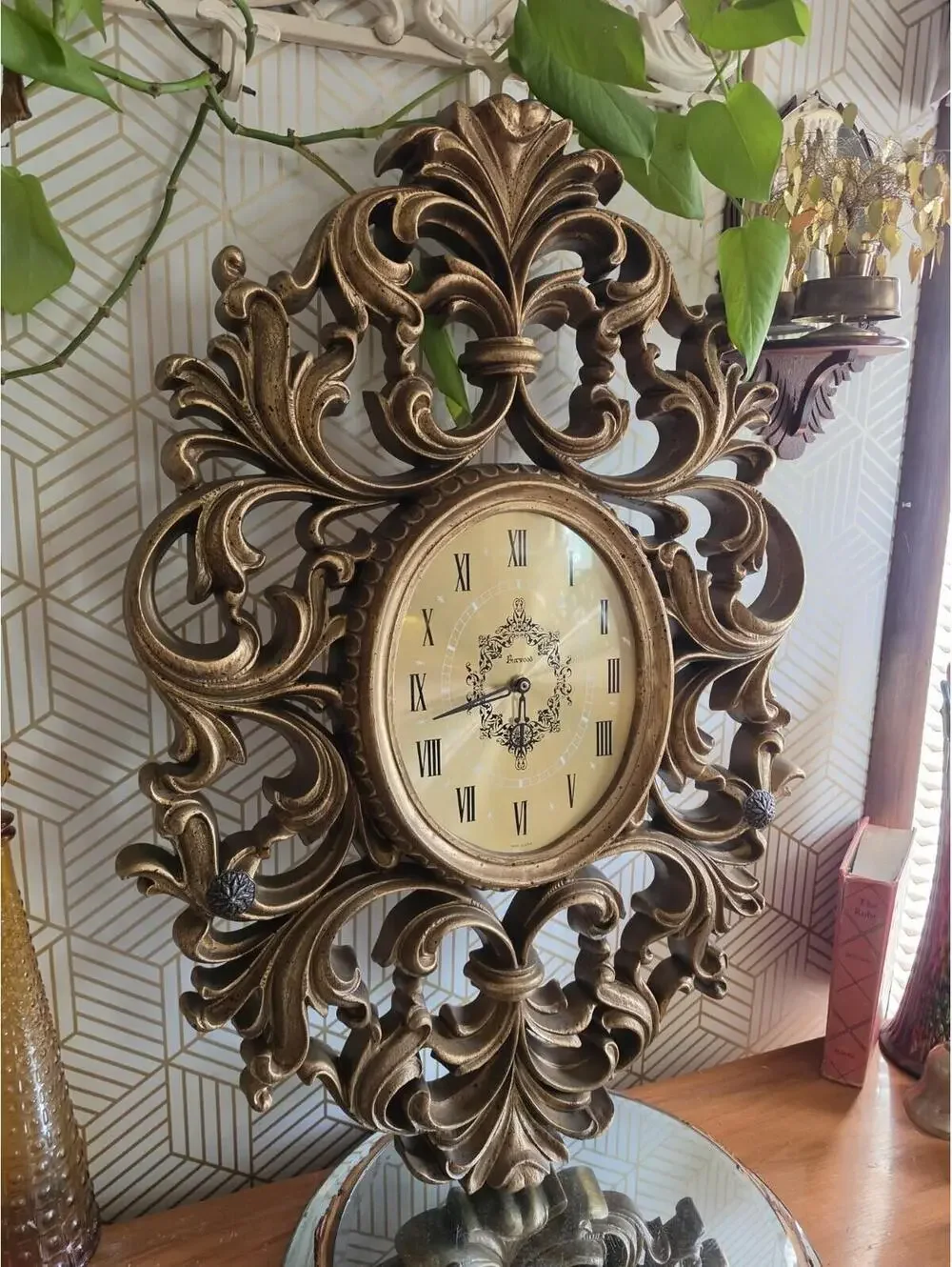Vintage 1970 Burwood Large Gold Ornate Wall Clock Hollywood Regency 31”x20”